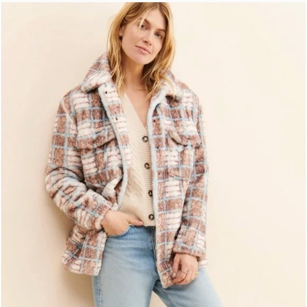Hutch‎ Womens Plaid Faux Fur Shirt Jacket Brown Blue Shacket Oversized Soft Cozy